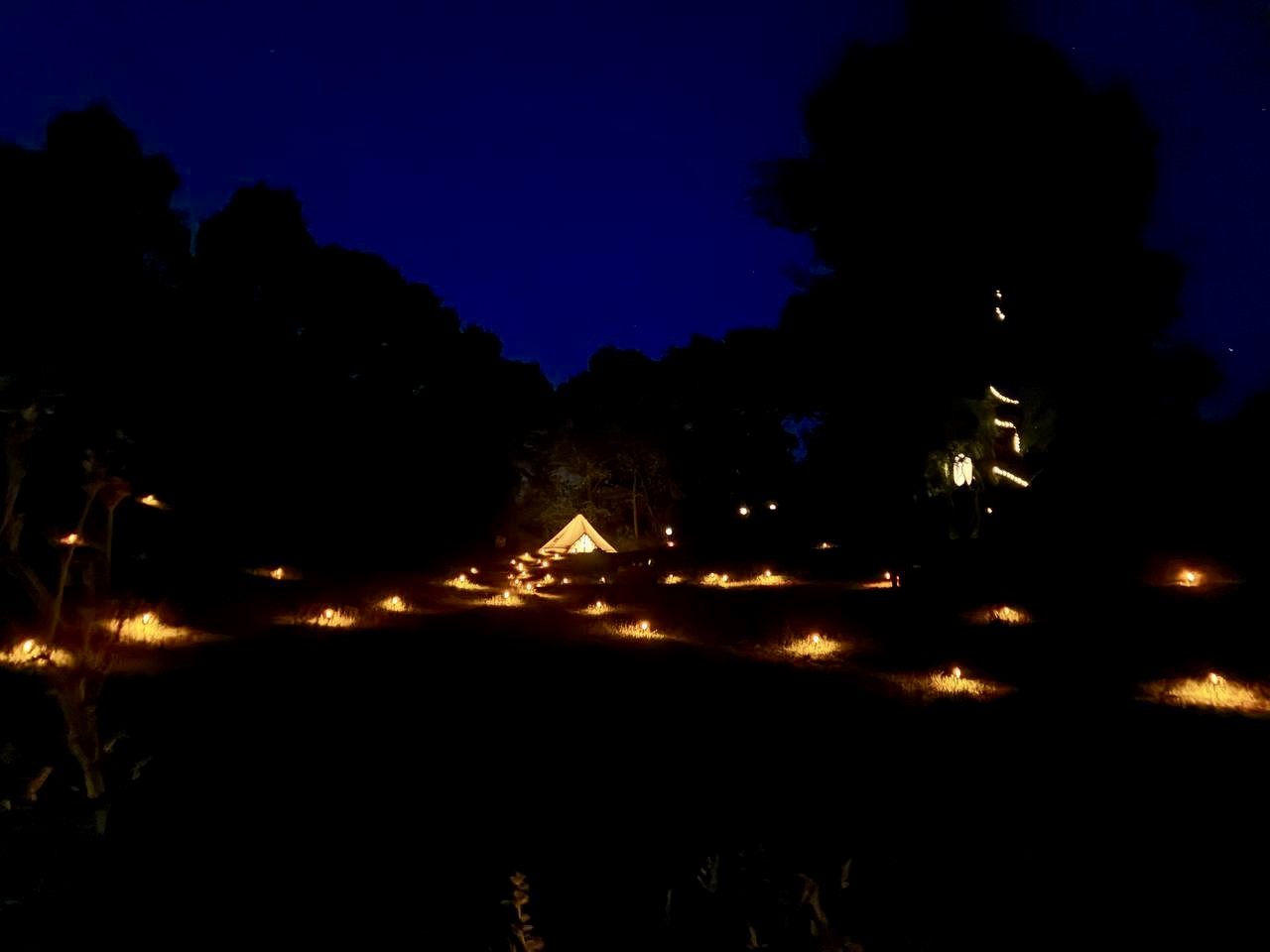 A hillside lit by dozens of candles under a deep blue night