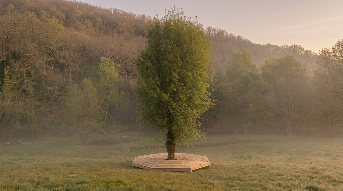 Solitary tree in the Montestal meadow with a low octagonal wooden stage at its base, mist rising at dawn