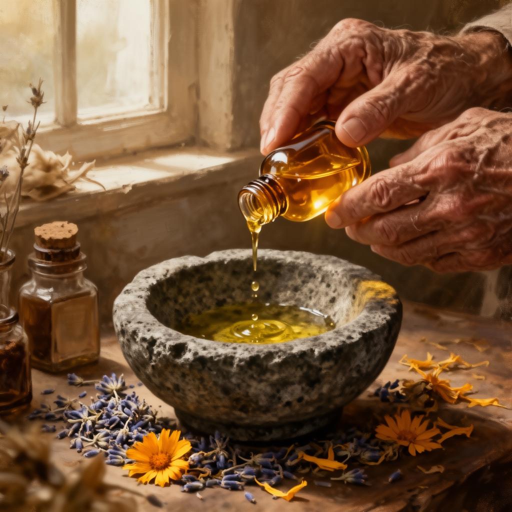 Hands pouring infused oil into stone bowl