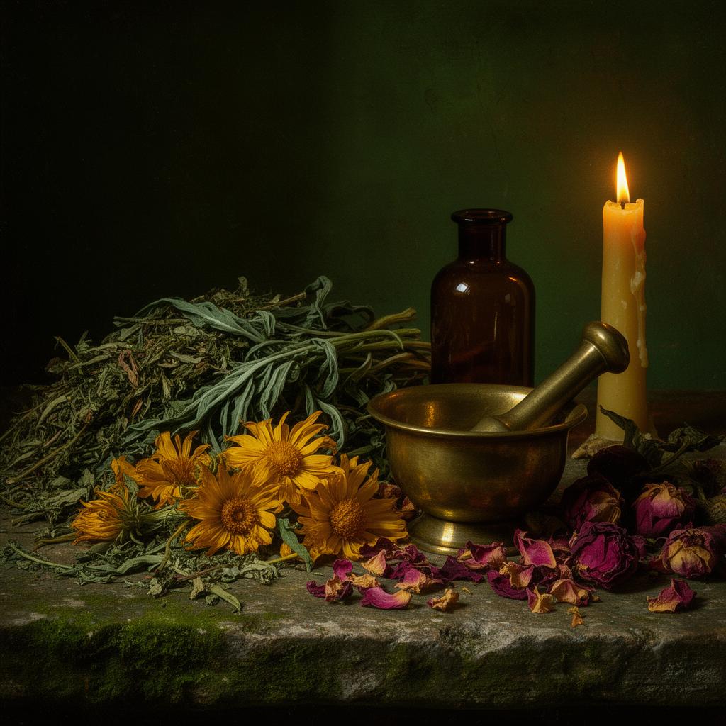 Botanical altar with dried herbs, calendula, candle and amber bottle