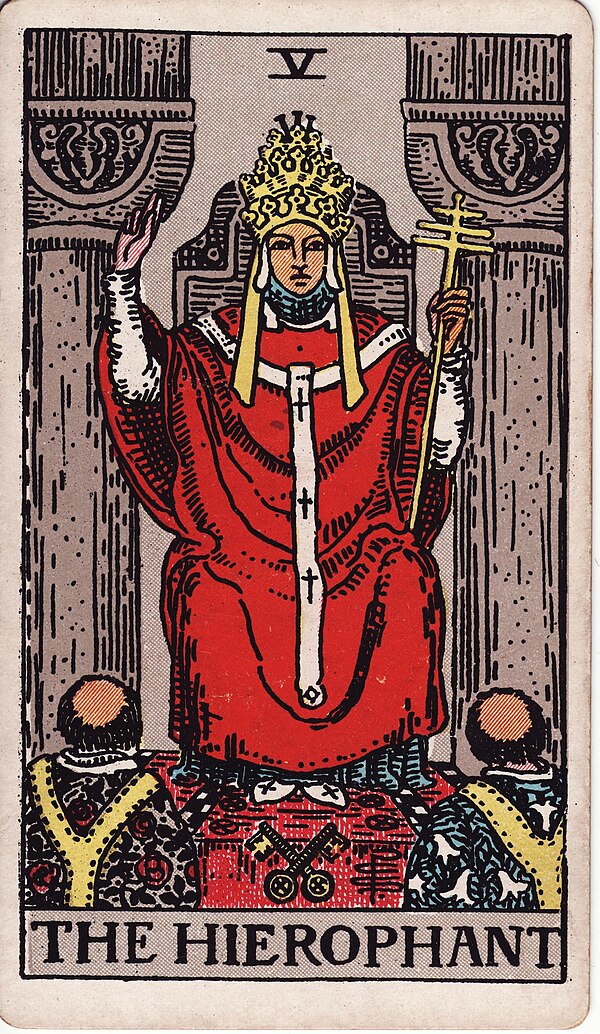 The Hierophant — Rider–Waite-Smith tarot card by Pamela Colman Smith, 1909