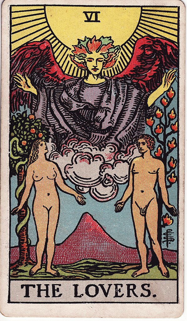 The Lovers — Rider–Waite-Smith tarot card by Pamela Colman Smith, 1909