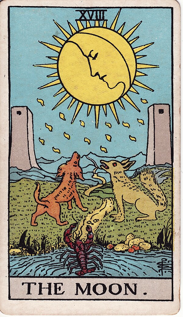 The Moon — Rider–Waite-Smith tarot card by Pamela Colman Smith, 1909