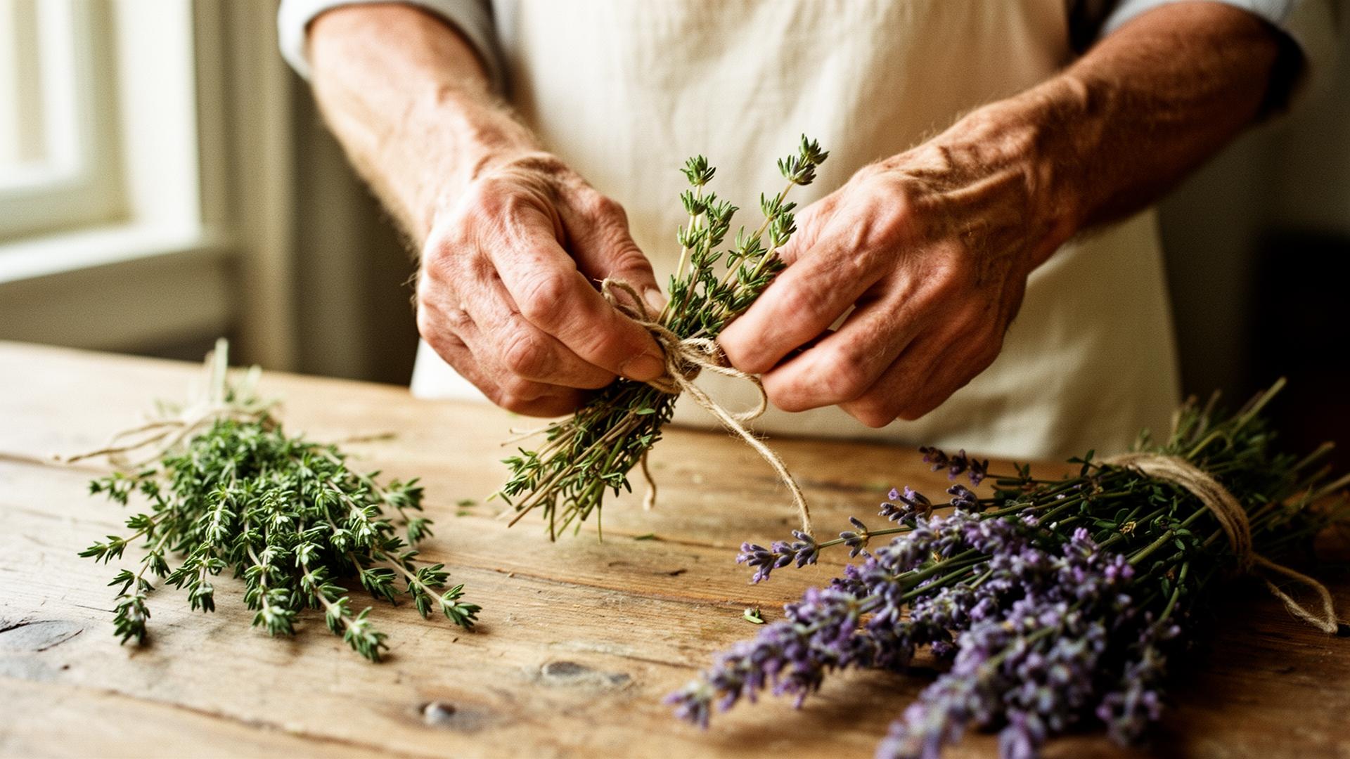 Hands bundling fresh thyme and lavender with twine on a wooden farmhouse table