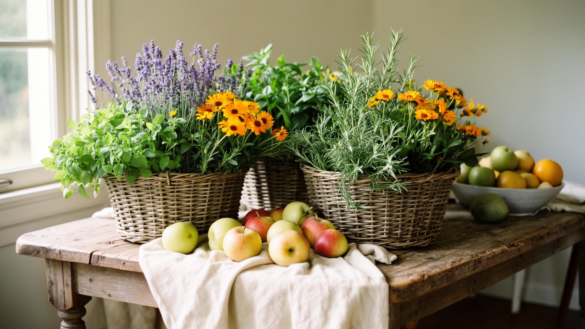 Wicker baskets of fresh herbs, lavender, calendula and seasonal fruit on a wooden table