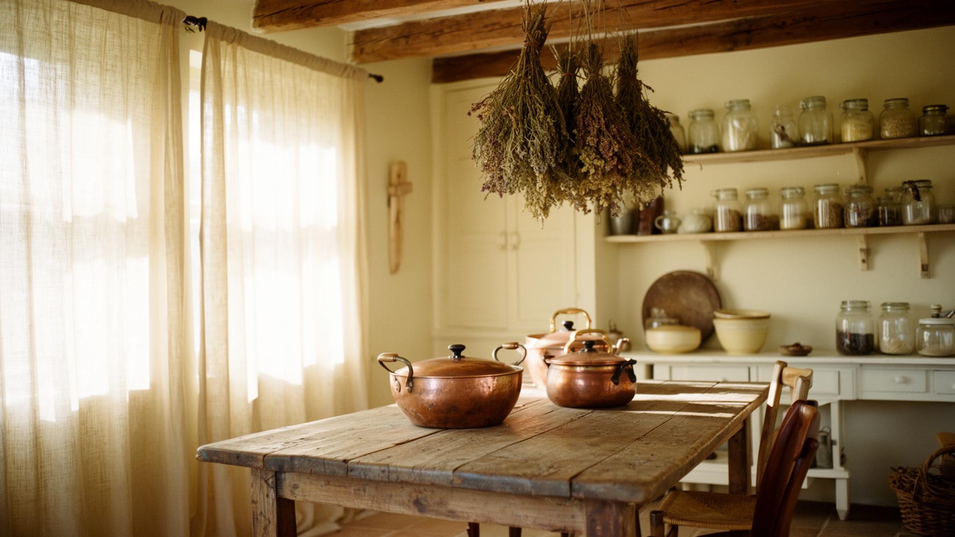 A sunlit farmhouse stillroom with copper pots, hanging herbs, and glass jars