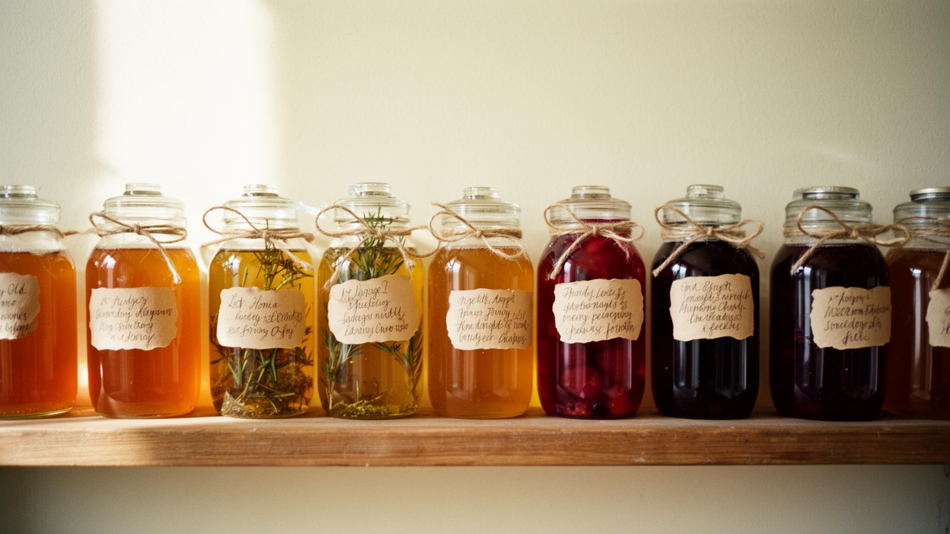 A row of finished preserve jars with handwritten labels on a sunlit shelf