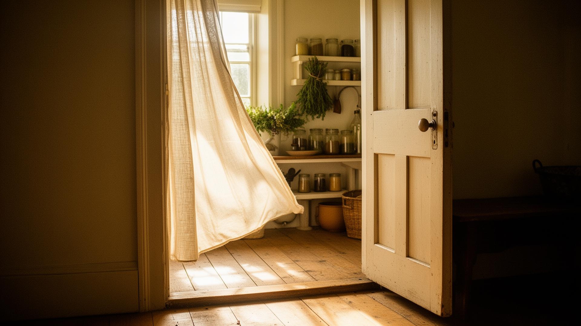 An open doorway into a sunlit stillroom with linen curtain catching the breeze