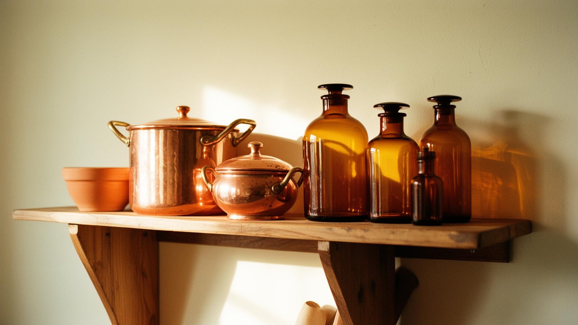 Copper pots and amber apothecary bottles on a wooden shelf in warm sunlight
