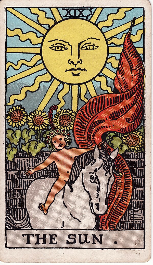 The Sun — Rider–Waite-Smith tarot card by Pamela Colman Smith, 1909